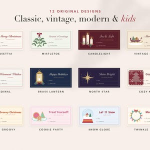 May include: A collection of 12 rectangular Christmas gift tags featuring original designs including a poinsettia, mistletoe, candles, vintage sleigh, cardinal, brass lantern, north star, cosy knit pattern, retro tree, cookies, snow globe, and lights.