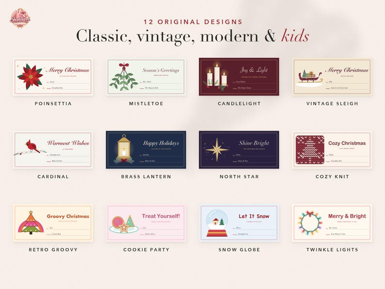 May include: A collection of 12 rectangular Christmas gift tags featuring original designs including a poinsettia, mistletoe, candles, vintage sleigh, cardinal, brass lantern, north star, cosy knit pattern, retro tree, cookies, snow globe, and lights.