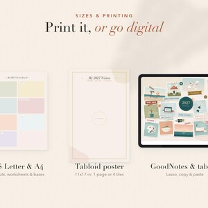 May include: A digital vision board kit featuring three display options: a US Letter and A4 sheet with pastel rectangular sections, a 28x43 cm tabloid poster template, and a tablet screen showing a collage of 2027 vision board elements.