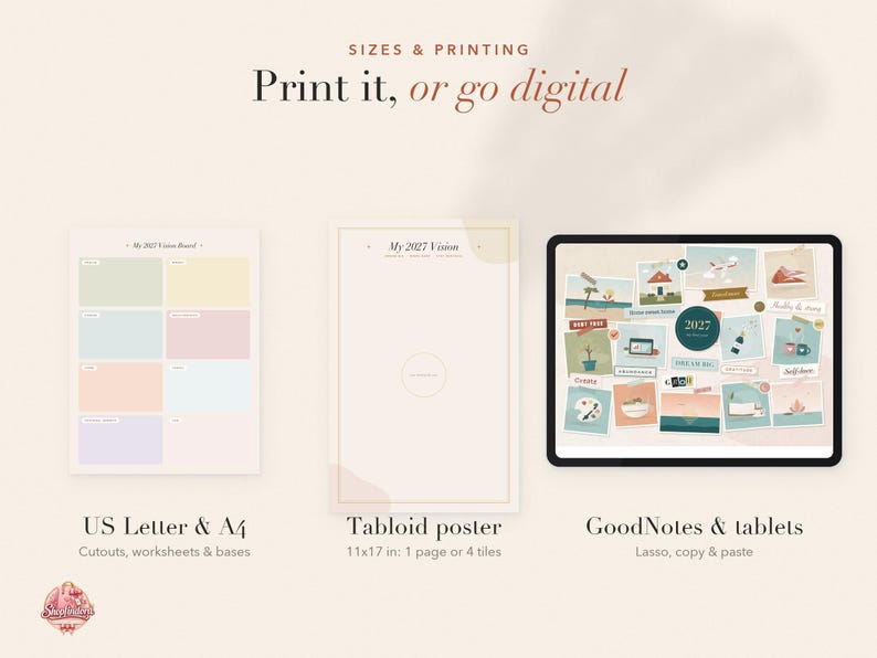 May include: A digital vision board kit featuring three display options: a US Letter and A4 sheet with pastel rectangular sections, a 28x43 cm tabloid poster template, and a tablet screen showing a collage of 2027 vision board elements.