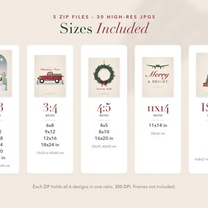 May include: A digital download guide featuring 5 zip files and 30 high-resolution JPEGs. The chart displays five aspect ratios: 2:3, 3:4, 4:5, 11x14, and ISO, listing various imperial dimensions in inches for each category to assist with printing.