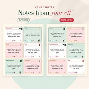 Op de afbeelding: Een set van 60 printbare elf-notities met twee pagina's aan rechthoekige kaarten met pastelroze en groene achtergronden. Elke kaart bevat tekst in kerstthema, kleine feestelijke iconen en de handtekening Love, your elf met een hartje.