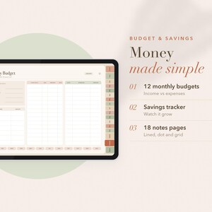 Może przedstawiać: Cyfrowy tablet wyświetlający interfejs planera budżetu na styczeń z zakładkami, wraz z tekstem Budget & Savings, Money made simple, 12 monthly budgets, Income vs expenses, Savings tracker, Watch it grow, 18 notes pages, Lined, dot and grid.