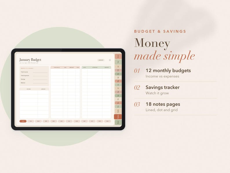 Może przedstawiać: Cyfrowy tablet wyświetlający interfejs planera budżetu na styczeń z zakładkami, wraz z tekstem Budget & Savings, Money made simple, 12 monthly budgets, Income vs expenses, Savings tracker, Watch it grow, 18 notes pages, Lined, dot and grid.