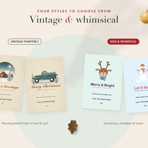 May include: Four rectangular holiday greeting cards featuring two vintage painterly designs with a cabin and a truck, and two kids and whimsical designs with a reindeer and a snowman. The text includes Season's Greetings, Merry Christmas, Merry & Bright, and Let It Snow, along with placeholder family names and the year 2026.