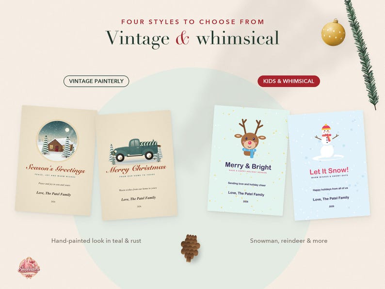 May include: Four rectangular holiday greeting cards featuring two vintage painterly designs with a cabin and a truck, and two kids and whimsical designs with a reindeer and a snowman. The text includes Season's Greetings, Merry Christmas, Merry & Bright, and Let It Snow, along with placeholder family names and the year 2026.