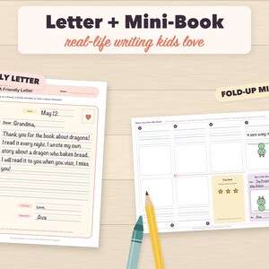 Puede incluir: Un set educativo imprimible que incluye una plantilla de carta amistosa con un ejemplo dirigido a la abuela y una plantilla de mini-libro plegable con paneles en blanco e ilustraci&oacute;n de drag&oacute;n. Incluye un l&aacute;piz amarillo y un cray&oacute;n azul.