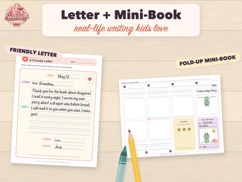 Puede incluir: Un set educativo imprimible que incluye una plantilla de carta amistosa con un ejemplo dirigido a la abuela y una plantilla de mini-libro plegable con paneles en blanco e ilustraci&oacute;n de drag&oacute;n. Incluye un l&aacute;piz amarillo y un cray&oacute;n azul.
