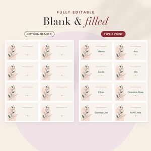 May include: A digital template sheet featuring sixteen rectangular place cards with a soft beige background, a pink arch graphic, and a green leaf illustration. The text includes "FULLY EDITABLE", "Blank & filled", "OPEN IN READER", and "TYPE & PRINT".