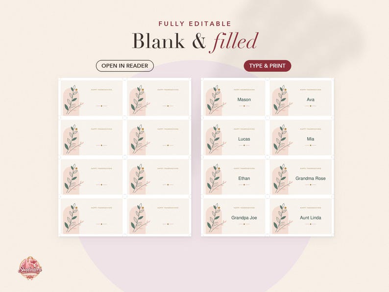 May include: A digital template sheet featuring sixteen rectangular place cards with a soft beige background, a pink arch graphic, and a green leaf illustration. The text includes "FULLY EDITABLE", "Blank & filled", "OPEN IN READER", and "TYPE & PRINT".