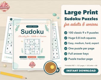 Könnte beinhalten: Ein Sudoku-Rätselbuch mit Großdruck für Erwachsene und Senioren mit 100 klassischen 9x9-Rätseln und 2 cm großen Feldern. Das Cover zeigt den Titel, ein Sudoku-Gitter sowie Details zu Schwierigkeitsgraden, Lösungsschlüsseln und Tracker-Seite.