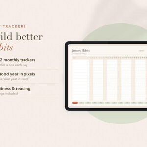 Może przedstawiać: Cyfrowy tablet wyświetlający styczniowy tracker nawyk&oacute;w w formie siatki. Tekst po lewej stronie brzmi: HABIT TRACKERS, Build better habits, 01 12 monthly trackers, 02 Mood year in pixels, 03 Fitness & reading. Interfejs zawiera zakładki.