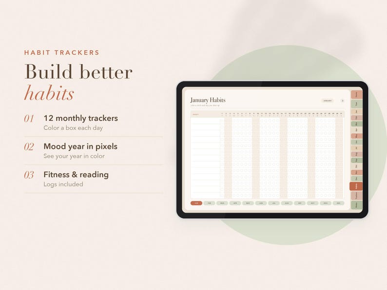 Może przedstawiać: Cyfrowy tablet wyświetlający styczniowy tracker nawyk&oacute;w w formie siatki. Tekst po lewej stronie brzmi: HABIT TRACKERS, Build better habits, 01 12 monthly trackers, 02 Mood year in pixels, 03 Fitness & reading. Interfejs zawiera zakładki.