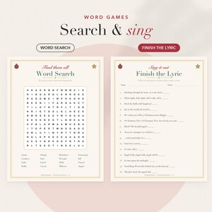 Op de afbeelding: Twee printbare kerstactiviteitsbladen getiteld Word Games Search & sing. Het linkerblad bevat een woordzoeker met vakantie-gerelateerde woorden, en het rechterblad bevat een spel om songteksten aan te vullen met vijftien genummerde regels.
