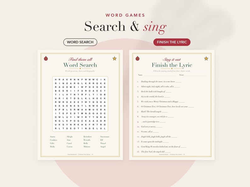 Op de afbeelding: Twee printbare kerstactiviteitsbladen getiteld Word Games Search & sing. Het linkerblad bevat een woordzoeker met vakantie-gerelateerde woorden, en het rechterblad bevat een spel om songteksten aan te vullen met vijftien genummerde regels.