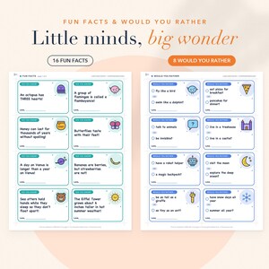 May include: Two printable activity sheets titled Fun Facts & Would You Rather: Little minds, big wonder. The left sheet contains 8 boxes with fun facts and icons, while the right sheet features 8 Would You Rather questions with checkboxes and icons.