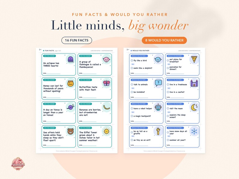 May include: Two printable activity sheets titled Fun Facts & Would You Rather: Little minds, big wonder. The left sheet contains 8 boxes with fun facts and icons, while the right sheet features 8 Would You Rather questions with checkboxes and icons.