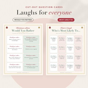 Op de afbeelding: Twee printbare spelvellen getiteld Cut-Out Question Cards Laughs for everyone. Het linker vel is een Would You Rather spel in kersteditie met groene vakjes. Het rechter vel is een Who's Most Likely To spel met roze vakjes.