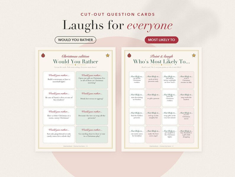 Op de afbeelding: Twee printbare spelvellen getiteld Cut-Out Question Cards Laughs for everyone. Het linker vel is een Would You Rather spel in kersteditie met groene vakjes. Het rechter vel is een Who's Most Likely To spel met roze vakjes.