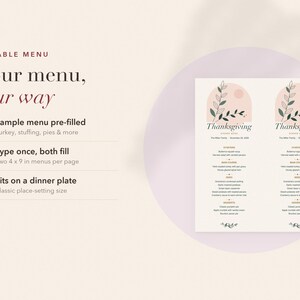 May include: An editable Thanksgiving dinner menu template featuring two 4 x 9 inch menus on one page. The design includes a soft pink arch, a circular sun, and green botanical illustrations. Text includes 'Thanksgiving', 'Dinner Menu', and food items.