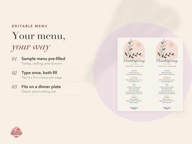 May include: An editable Thanksgiving dinner menu template featuring two 4 x 9 inch menus on one page. The design includes a soft pink arch, a circular sun, and green botanical illustrations. Text includes 'Thanksgiving', 'Dinner Menu', and food items.