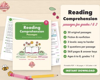 Reading Comprehension Passages, 1st 2nd Grade Reading Worksheets, Fiction and Nonfiction Stories with Questions, Homeschool Printable PDF