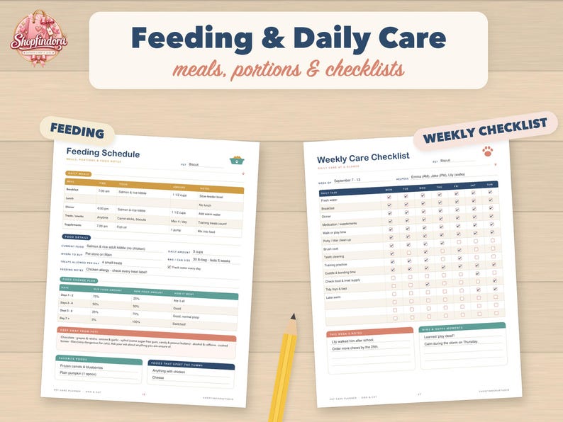 May include: Two printed pages titled Feeding Schedule and Weekly Care Checklist. The documents feature tables for tracking pet meals, portions, and daily tasks, with sections for food details, transition steps, and notes, accompanied by a yellow pencil.