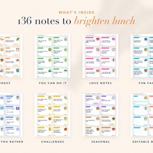 May include: A collection of 136 notes to brighten lunch, organized into eight categories including jokes, you can do it, love notes, fun facts, would you rather, challenges, seasonal, and editable blanks, featuring colorful icons and text.
