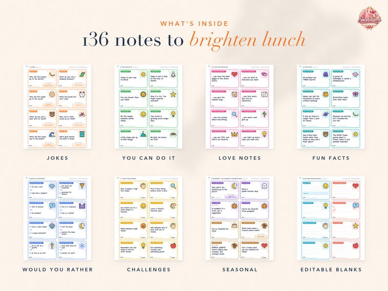 May include: A collection of 136 notes to brighten lunch, organized into eight categories including jokes, you can do it, love notes, fun facts, would you rather, challenges, seasonal, and editable blanks, featuring colorful icons and text.