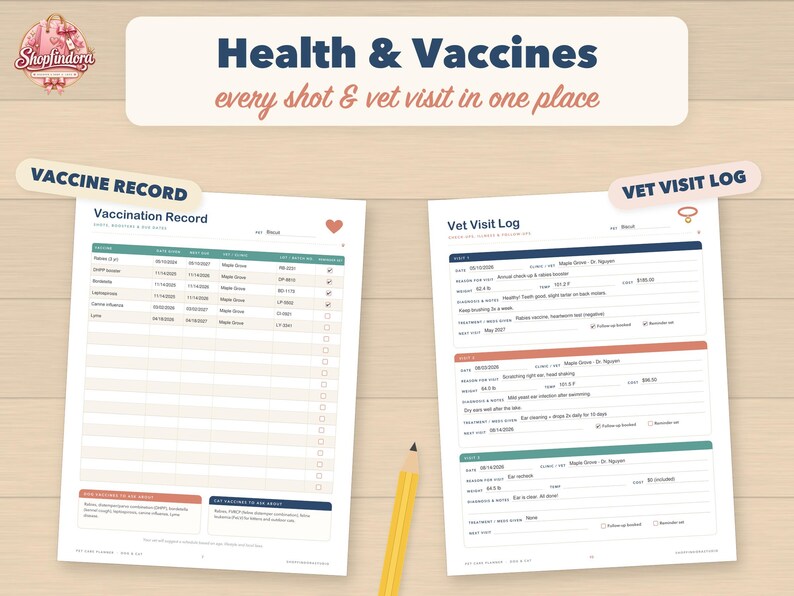 May include: A pet care planner featuring two white pages titled Vaccination Record and Vet Visit Log with blue and orange headers, text fields for medical history, and a yellow pencil placed between the sheets on a light wood surface.