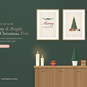 May include: Two framed wall art prints featuring Christmas themes. One print displays the text Merry & Bright with a decorative branch, and the other shows a decorated Christmas tree with gifts. Below, a wooden cabinet holds two candles and gifts.