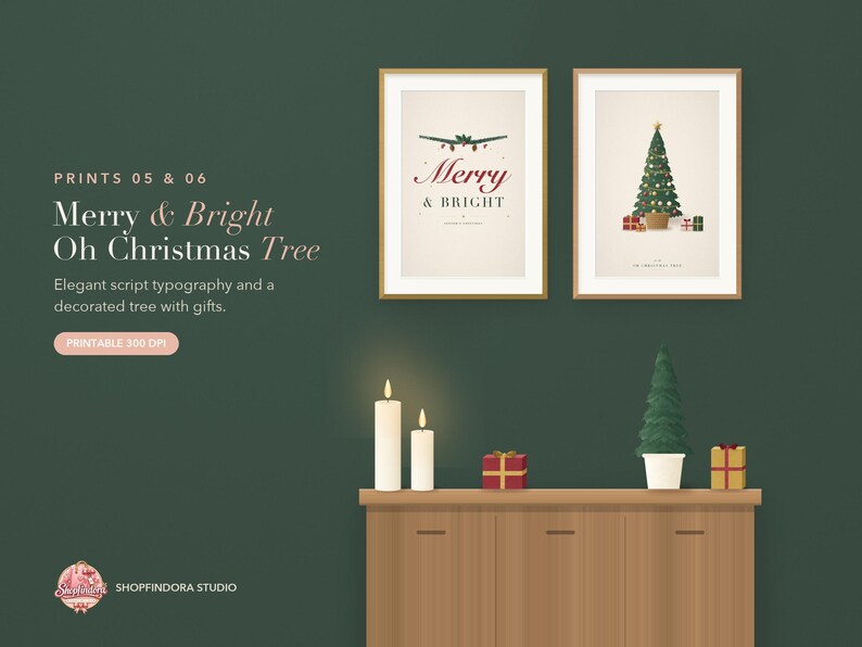 May include: Two framed wall art prints featuring Christmas themes. One print displays the text Merry & Bright with a decorative branch, and the other shows a decorated Christmas tree with gifts. Below, a wooden cabinet holds two candles and gifts.