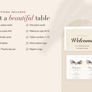 May include: A digital set of Thanksgiving table stationery including tent and flat place cards, 4x9 menu cards, 8x10 welcome sign, gratitude cards, table numbers 1-12, food labels, drink station sign, and a Give Thanks banner, all displayed on a light background.