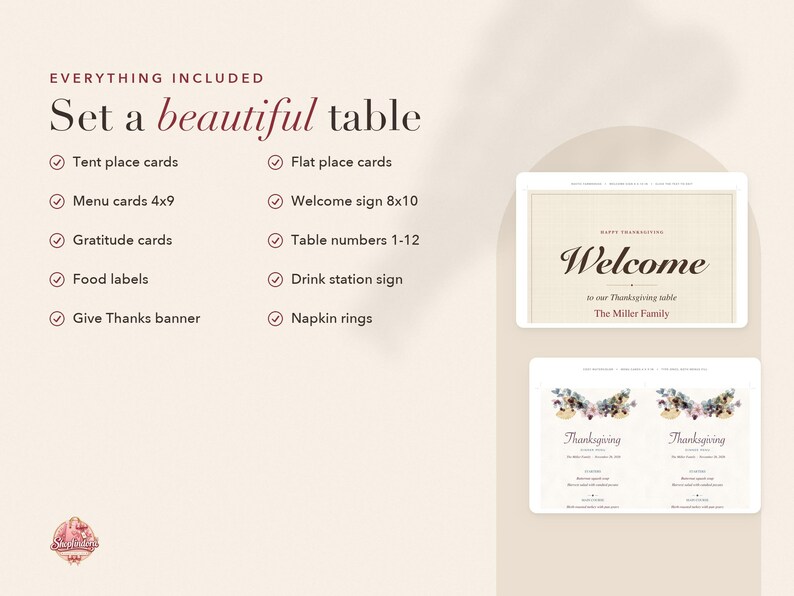 May include: A digital set of Thanksgiving table stationery including tent and flat place cards, 4x9 menu cards, 8x10 welcome sign, gratitude cards, table numbers 1-12, food labels, drink station sign, and a Give Thanks banner, all displayed on a light background.