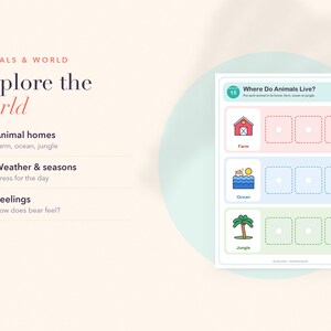 Op de afbeelding: Een educatief werkblad getiteld Where Do Animals Live? met drie rijen met iconen voor een boerderij, oceaan en jungle, elk met drie lege vakjes om te sorteren. Aan de linkerkant staat de tekst Animals & World, Explore the world, Animal homes, Weather & seasons en Feelings.
