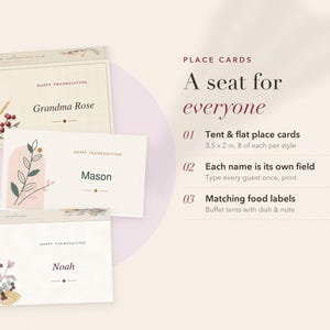 May include: Three rectangular Thanksgiving place cards with cream backgrounds, featuring botanical illustrations of wheat, berries, and leaves. The cards display the text Happy Thanksgiving and names including Grandma Rose, Mason, and Noah. Dimensions are 3.5 x 2 inches.