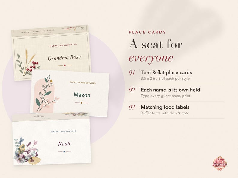 May include: Three rectangular Thanksgiving place cards with cream backgrounds, featuring botanical illustrations of wheat, berries, and leaves. The cards display the text Happy Thanksgiving and names including Grandma Rose, Mason, and Noah. Dimensions are 3.5 x 2 inches.