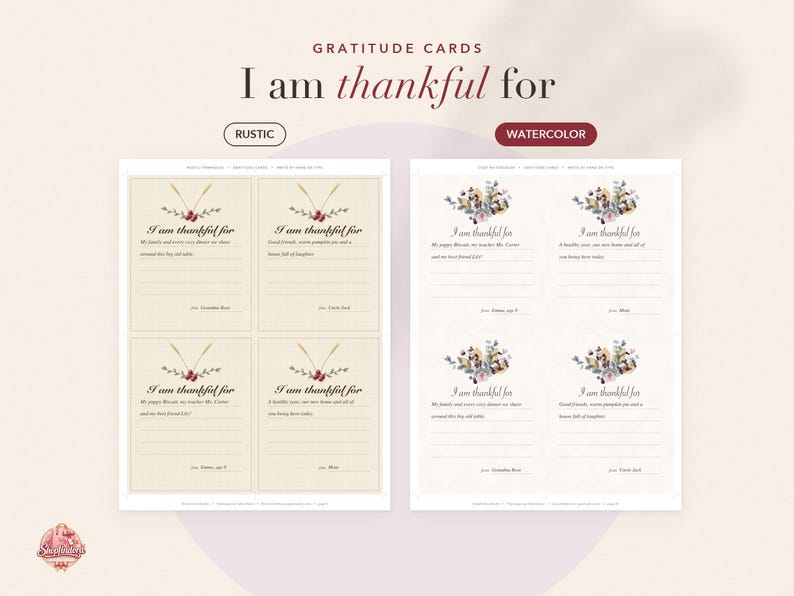 May include: Two printable gratitude card sheets labeled Rustic and Watercolor. Each sheet contains four cards with the text I am thankful for, featuring wheat or floral illustrations, lined writing spaces, and a place for a name at the bottom.