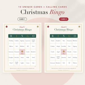 Op de afbeelding: Twee printbare kerstbingokaarten met een groene koptekst met het woord BINGO en een raster van vijf bij vijf met woorden in kerstthema. Elke kaart bevat een centraal vrij veld met een gouden sterpictogram en de tekst Free in het rood.