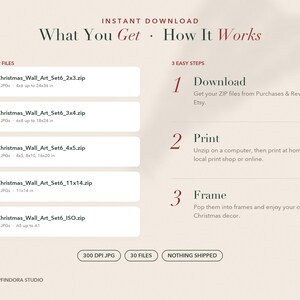 May include: An informational graphic titled What You Get - How It Works detailing five ZIP files for Christmas wall art. It lists file ratios including 2x3, 3x4, 4x5, 11x14, and ISO, alongside three steps for downloading, printing, and framing digital files.