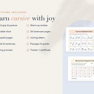 May include: A digital learning set titled Learn cursive with joy, featuring a list of included materials like pencil grip, alphabet charts, and writing prompts. Two sample pages show a cursive alphabet chart and a cursive progress tracker.