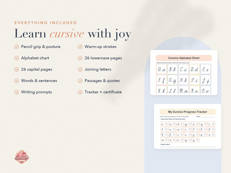 May include: A digital learning set titled Learn cursive with joy, featuring a list of included materials like pencil grip, alphabet charts, and writing prompts. Two sample pages show a cursive alphabet chart and a cursive progress tracker.