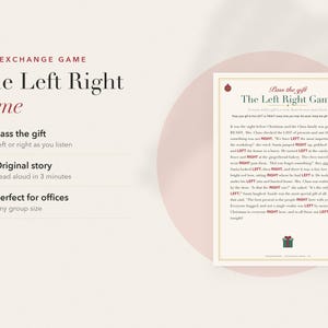 Op de afbeelding: Een printbaar cadeau-uitwisselingsspel genaamd The Left Right Game. Het document bevat instructies voor het doorgeven van cadeaus, een origineel verhaal van drie minuten met de woorden LEFT en RIGHT in het rood, en decoratieve kerstpictogrammen.