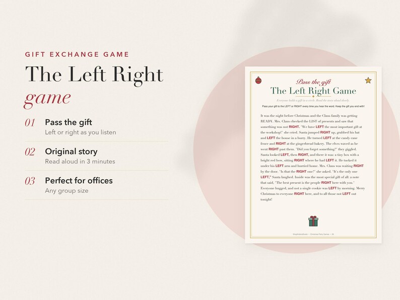 Op de afbeelding: Een printbaar cadeau-uitwisselingsspel genaamd The Left Right Game. Het document bevat instructies voor het doorgeven van cadeaus, een origineel verhaal van drie minuten met de woorden LEFT en RIGHT in het rood, en decoratieve kerstpictogrammen.
