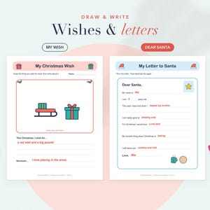 Puede incluir: Dos hojas de actividades imprimibles tituladas My Christmas Wish y My Letter to Santa. Las p&aacute;ginas presentan ilustraciones coloridas de un trineo, un regalo y una estrella, con l&iacute;neas en blanco para escribir y dibujar. Se incluyen un l&aacute;piz amarillo y un cray&oacute;n rosa.