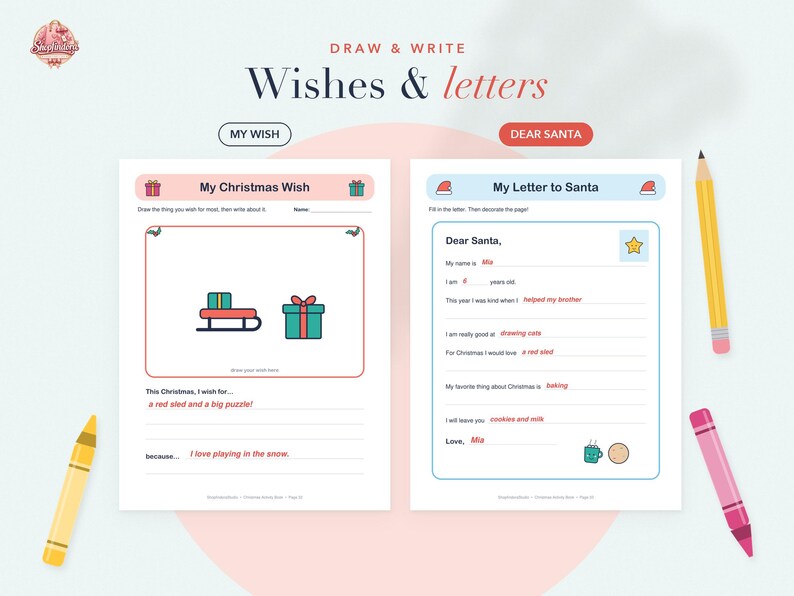Puede incluir: Dos hojas de actividades imprimibles tituladas My Christmas Wish y My Letter to Santa. Las p&aacute;ginas presentan ilustraciones coloridas de un trineo, un regalo y una estrella, con l&iacute;neas en blanco para escribir y dibujar. Se incluyen un l&aacute;piz amarillo y un cray&oacute;n rosa.