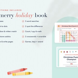 Puede incluir: Un libro de actividades navide&ntilde;as que incluye 6 laberintos, 3 sopas de letras, 3 juegos de unir puntos, 2 juegos de encontrar diferencias, emparejamiento de sombras, juegos de contar, 2 sudokus de im&aacute;genes, 2 crucigramas y p&aacute;ginas de dibujo.