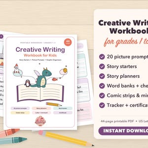Puede incluir: Un cuaderno de ejercicios de escritura creativa de 44 p&aacute;ginas para ni&ntilde;os con una ilustraci&oacute;n de un drag&oacute;n verde en la portada. Incluye 20 sugerencias de im&aacute;genes, inicios de historias, planificadores, bancos de palabras, una lista de verificaci&oacute;n, c&oacute;mics, un minilibro, un rastreador y un certificado. El texto est&aacute; en ingl&eacute;s.