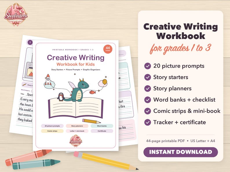 Puede incluir: Un cuaderno de ejercicios de escritura creativa de 44 p&aacute;ginas para ni&ntilde;os con una ilustraci&oacute;n de un drag&oacute;n verde en la portada. Incluye 20 sugerencias de im&aacute;genes, inicios de historias, planificadores, bancos de palabras, una lista de verificaci&oacute;n, c&oacute;mics, un minilibro, un rastreador y un certificado. El texto est&aacute; en ingl&eacute;s.