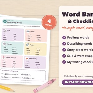 Puede incluir: Una hoja de trabajo imprimible titulada Word Banks & Checklist que presenta categor&iacute;as para sentimientos, palabras descriptivas, orden de historias y listas de verificaci&oacute;n. La p&aacute;gina incluye secciones de tama&ntilde;o, apariencia, sonidos, sensaciones, gustos, olores y personalidad con un ejercicio de completar espacios.